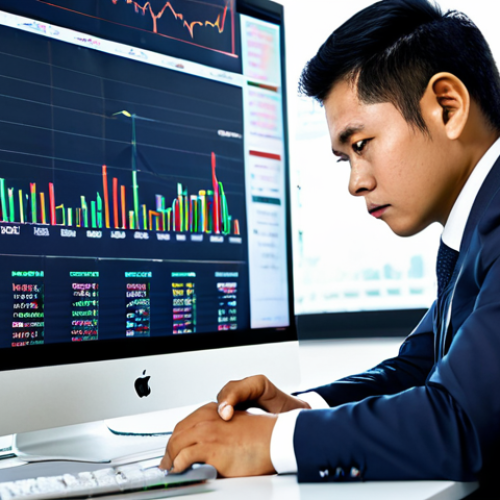 A focused Thai professional, dressed in a modest business suit, sitting at a sleek desk in a modern, calm office. They are looking intently at a laptop screen displaying complex financial charts and data, reflecting deep thought and self-assessment regarding investment risks. The atmosphere is quiet and analytical. Natural pose, perfect anatomy, correct proportions, well-formed hands, proper finger count, natural body proportions. Fully clothed, appropriate attire, safe for work, professional, family-friendly content, high-quality photograph.