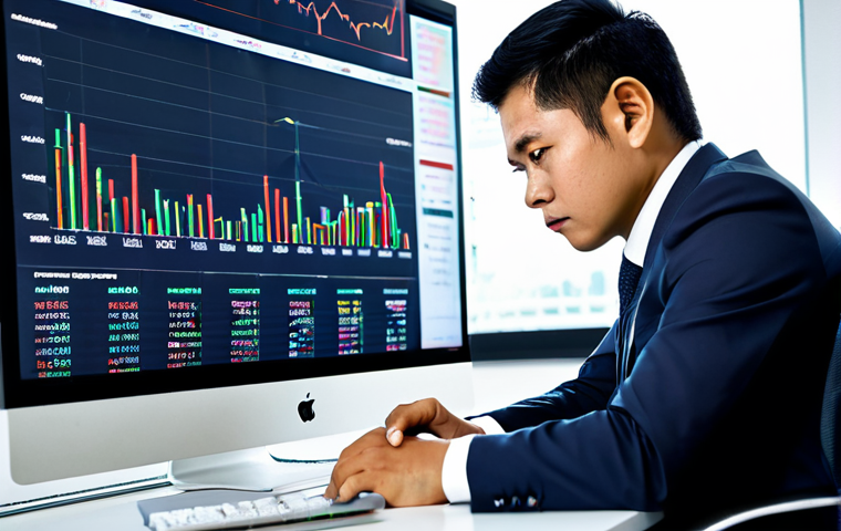 A focused Thai professional, dressed in a modest business suit, sitting at a sleek desk in a modern, calm office. They are looking intently at a laptop screen displaying complex financial charts and data, reflecting deep thought and self-assessment regarding investment risks. The atmosphere is quiet and analytical. Natural pose, perfect anatomy, correct proportions, well-formed hands, proper finger count, natural body proportions. Fully clothed, appropriate attire, safe for work, professional, family-friendly content, high-quality photograph.