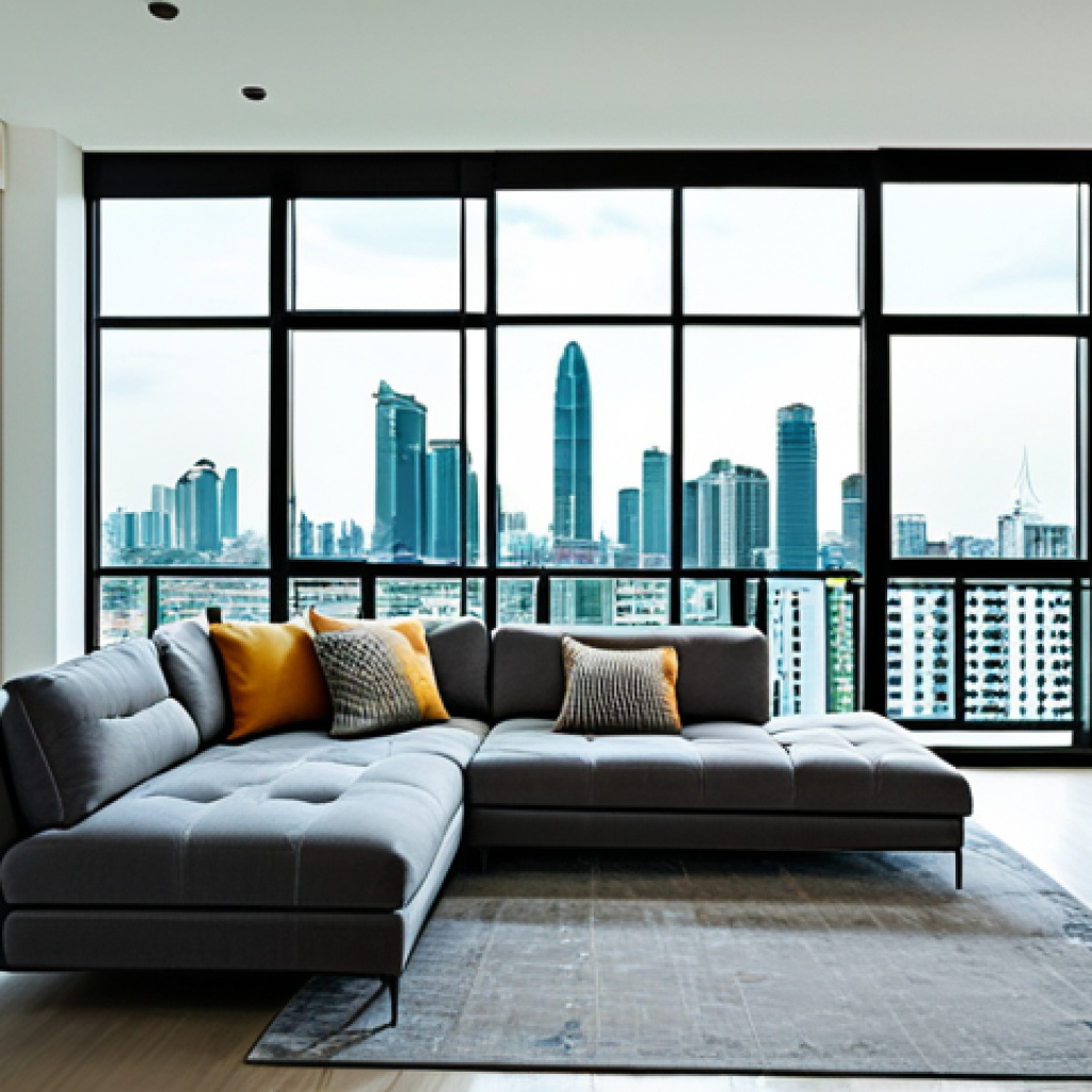 **Image of a modern condominium interior, Bangkok skyline view:** "Bright, airy living room in a contemporary Bangkok condo, fully clothed family enjoying the view, safe for work, appropriate content, perfect anatomy, natural proportions, high-resolution photography, daytime, professional real estate advertisement, modern furniture, family-friendly."