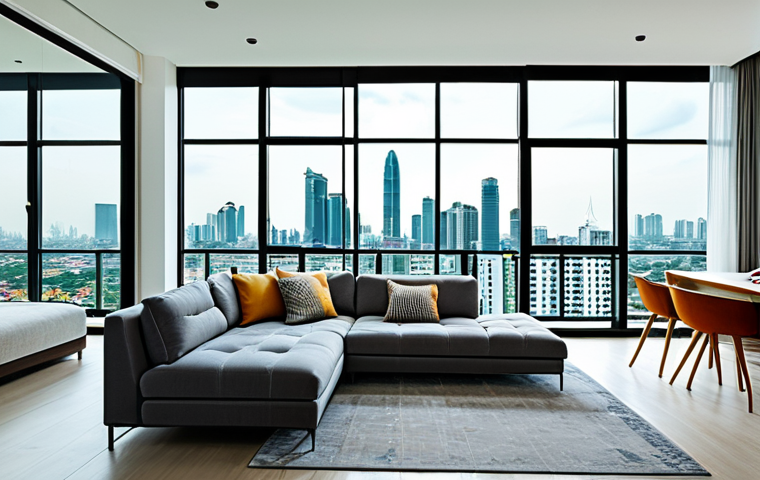 **Image of a modern condominium interior, Bangkok skyline view:** "Bright, airy living room in a contemporary Bangkok condo, fully clothed family enjoying the view, safe for work, appropriate content, perfect anatomy, natural proportions, high-resolution photography, daytime, professional real estate advertisement, modern furniture, family-friendly."