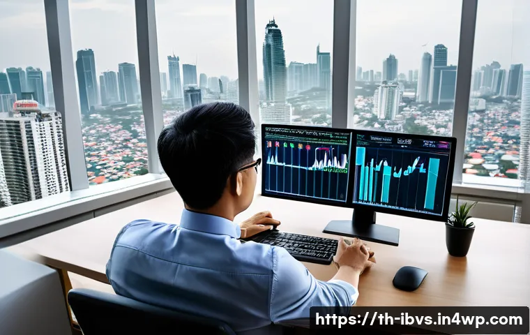 리스크 관리 투자 블로그 운영 노하우 - A professional Thai investor sitting at a modern home office desk, analyzing multiple financial char...