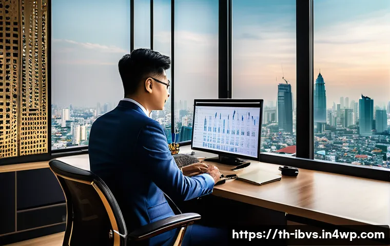 리스크 관리 투자 시나리오 기반 접근법 - A detailed professional office setting showing a Thai investor analyzing multiple digital screens di...