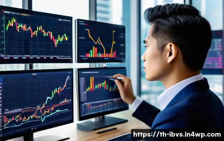 리스크 관리 투자와 인공지능 활용 - A professional Thai investor in a modern office setting, analyzing diverse investment portfolios on ...