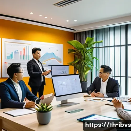 Home 32 리스크 평가 및 분석 기초 - A professional business meeting scene in a modern Thai office, with diverse team members discussing ...