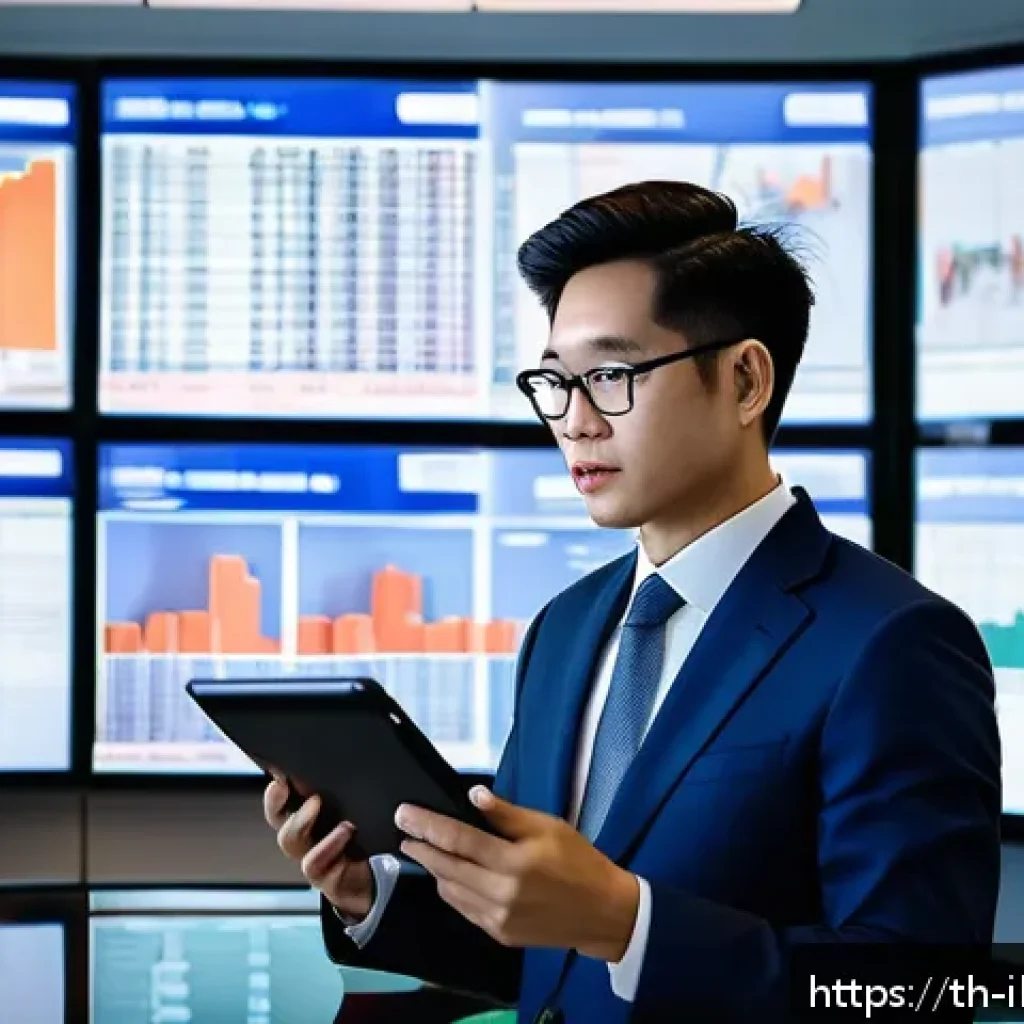 리스크 관리 투자와 금융 모델링 - A professional Thai stock market investor in a modern office setting, analyzing multiple large digit...