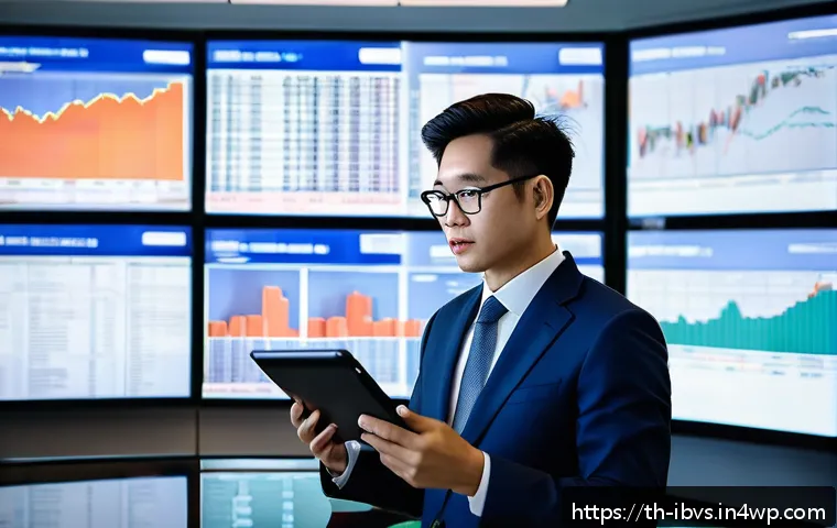 리스크 관리 투자와 금융 모델링 - A professional Thai stock market investor in a modern office setting, analyzing multiple large digit...